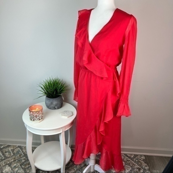 Chelsea28 Womens Long Sleeve Ruffle Chiffon Women's Wrap Midi Dress size small - Picture 2 of 13